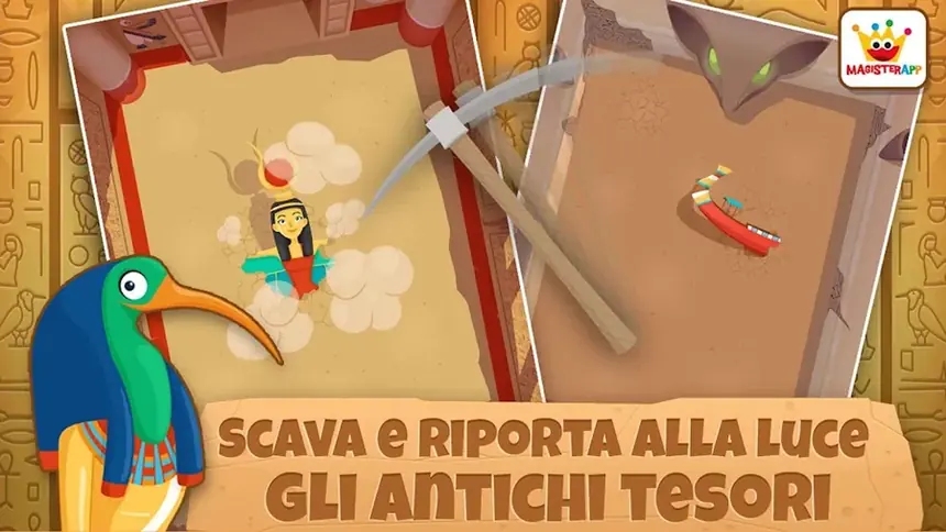 Scavo di reperti egizi con piccone e pennello in Archeologo: Antico Egitto