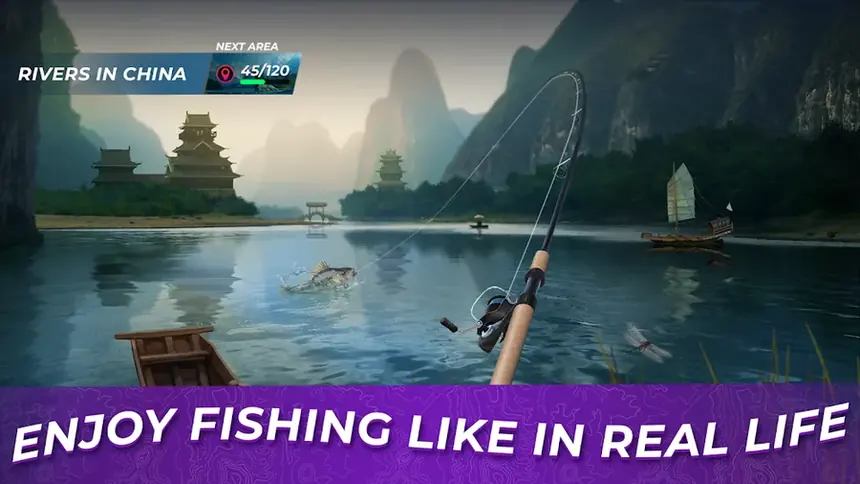 Canna da pesca lanciata su un fiume tra montagne in Fishing Rival