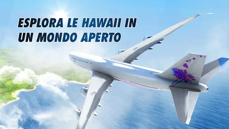 Aereo di linea sopra un'isola tropicale nella mappa aperta di Take Off Flight Simulator